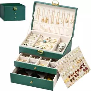 갈후비스 주얼리 박스 여성용 가죽 보관 디스플레이 3겹 선물 케이스 서랍 2개 목걸이 귀걸이 팔찌 반지