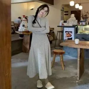 [SBD] 롱 플레어 니트 긴팔 라운드넥 골지 원피스 슬림 여성