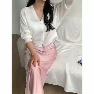 [하프클럽/샵앤]여성 V넥 여름 시스루 밑단 레이스 나그랑 긴팔 가디건 21DS-W