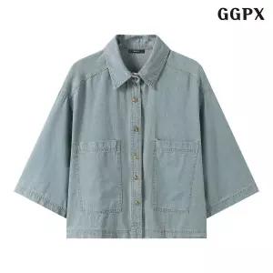 [GGPX]빈티지 데님 스티치 포켓 7부 반팔 셔츠 (GQBBA008D)