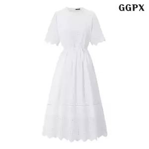 [GGPX]페미닌 펀칭 패턴 반팔 롱 원피스 (GQBOW027D)