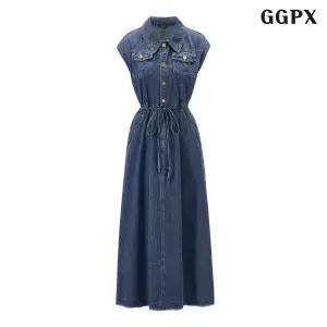 [GGPX]허리 끈 민소매 데님 밑 트임 카라 롱 원피스 (GQBOW026D)