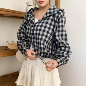 여성용 데일리 봄 루즈핏 체크 후드 크롭 자켓
