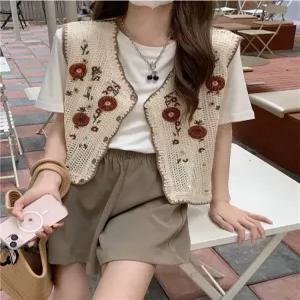 꽃무늬 뜨게조끼 니트조끼 뷔스티에 뜨게 카디건 민소매 손뜨개조끼