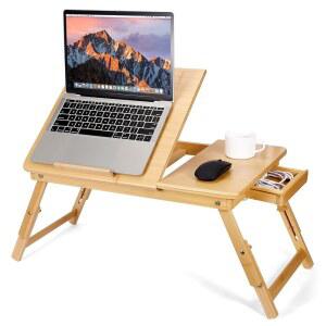 통풍구가 있는 밤비션 대나무 노트북 랩 데스크, 높이 조절 가능한 접이식 랩 트레이 테이블, 틸팅 탑 및 서랍, 침대 소파 작업용 휴대용 독서 글쓰기