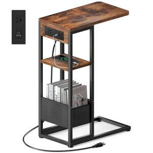 충전소가 있는 C자형 엔드 테이블, 소파 리클라이너용 작은 사이드 테이블, 수납 가방 및 AC/USB 콘센트가 있는 슬라이드 언더 소파 책상 스낵 테이블, 거실, 침실용 작은 공간 음료 테이블