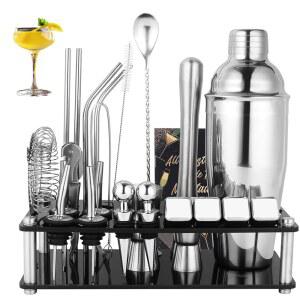 25피스 칵테일 셰이커 세트 아크릴 스탠드가 포함된 스테인리스 스틸 바텐더 키트 레시피 책자 음료 혼합을 위한 전문 도구 가정 파티 위스키 스톤 4개 포함