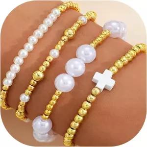 여성용 LXSSLY 5Pcs 골드 비드 팔찌 세트 14K 도금 스태커블 볼 조절 가능한 청키 뱅글 보호 스트레치