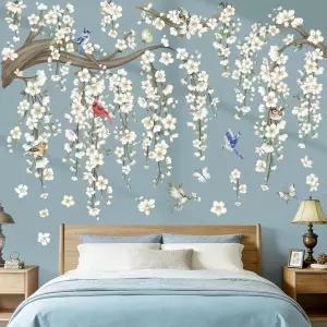 거실 침실 소파 배경용 원더버 대형 매달린 꽃 덩굴 벽 스티커 흰색 벚꽃 나무 가지 껍질과 막대 예술