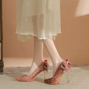 야무치 여자 데일리룩 신발 힐펌프스 하이힐 차이나 와인 스틸레토 힐 가보시 리본 글리터 펌프스 KUK5