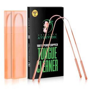 절대 아유르베다 혀 스크레이퍼 구리, 구강 과 신선한 입냄새를 위한 구리 클리너, 스크레이퍼, 여행용 세트 2개, 케이스 포함.
