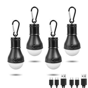 Jarxin이 이끄는 캠핑 랜턴 USB 충전식 야외 텐트 조명, 클립 후크 캠핑 손전등을 착용한 (블랙 4팩)