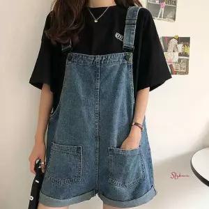 여자 코디 멜빵팬츠 반바지 롤업 청점프수트 여름멜빵wxy566