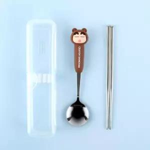 남자 어린이 짱구 곰입체 스푼+젓가락 투명케이스 세트 스스로먹는습관 아기저까락