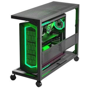 모리셔 컴퓨터 타워 스탠드 - 높이 조절 가능한 2단 ATX 케이스 PC 프린터 랙 페그보드, 롤링 휠 및 홈 오피스 게임 액세서리용 마우스패드 포함