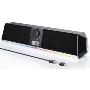 SOULION R80 블루투스 컴퓨터 스피커, 디지털 시계 디스플레이가 있는 USB 플러그 앤 플레이 PC 데스크탑 모니터 노트북용 컬러 LED 조명이 투명 사운드바(USB 어댑터 포함)