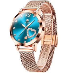OLEVS 여성용 스몰 손목 로즈 골드 톤 시계 - 귀여운 다이아몬드 하트 아라비아 숫자 다이얼, 패션 방수 메시 브레이슬릿 아날로그 드레스