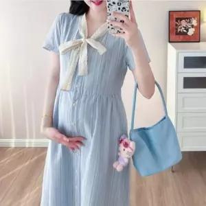 여성 여름 하객룩 임부복 롱원피스 반팔 원피스