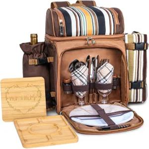 담요가 있는 2인용 합팀 피크닉 바구니 백팩 샤커트리 보드 2개 커플 약혼 선물 결혼식 집들이 화이트