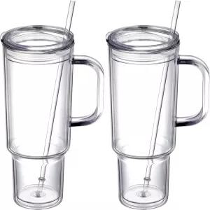 손잡이와 빨대 뚜껑이 있는 40온스 플라스틱 텀블러 클리어 이중 벽 진공 재사용 가능 물병 여행용 머그컵