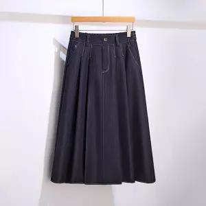 여성용 쉬폰 스커트 네이비 데님 플리츠 가을 허리밴딩 우산 A라인 KS3