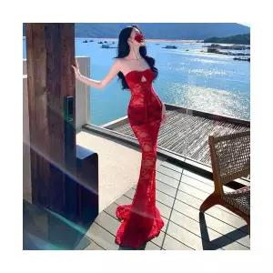 여성용 쉬폰 스커트 원피스 레이스 톱 끈 민소매 해변 바캉스 롱 여름 KS2