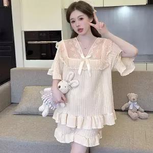 수피 여름 빈티지 빅사이즈 커플 반팔 통통 솔리드 파자마 잠옷세트 세트 궁중 실내복 JEN2