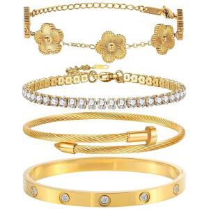 여성용 GIVCHO 18K 골드 도금 뱅글 팔찌 세트 여성용 적층 가능 럭키 플로럴 조절 테니스 팔찌 변색 방지 선물 보석 크리스마스 발렌타인데이 어머니의 날 선물 보석