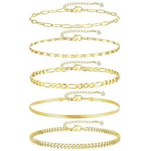 여성용 iF 유 골드 발목 팔찌, 14k 골드 도금 방수 쿠바 링크 체인 발찌 세트, 여성 비치용 레이어드 발찌 선물 조절 가능 사이즈 5pc