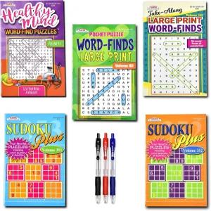 5팩 450개 이상 여행용 스도쿠 책 퍼즐 대형 인쇄 단어 검색 노인용 뇌 자극 버라이어티 벌크 - 다이제스트