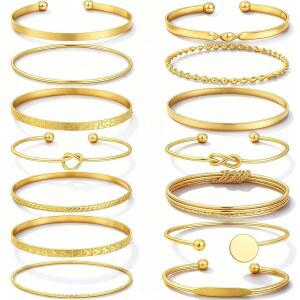 여성용 팩스하이온 골드 뱅글 팔찌, 14개 멀티 레이어 스태커블 뱅글 세트, 14K 골드 도금 텍스처 청키 팔찌 보호 주얼리 세트