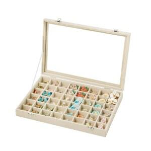 프리뷰티 48 그리드 주얼리 트레이, 유리 뚜껑이 있는 조절 가능한 귀걸이 홀더 정리함, 반지용 벨벳 서랍 주얼리 정리함, 스터드, 13.8 x 9.5 x 2 인치 주얼리 디스플레이 박스, 여성용 선물(베이지)