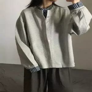 GLINE 회색 남성 가을 빈티지 투피스 카디건 맨투맨 셔츠 가짜 체크 스트라이프 JEN3