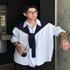 GLINE 가을 남사친 스트라이프 숄 긴팔 머니투피스 셔츠 체크 JEN3