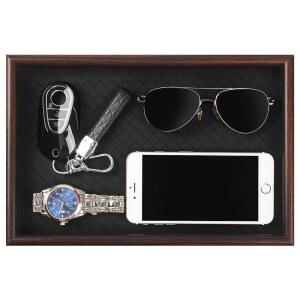 가죽 베이스가 있는 조센리 나무 발렛 트레이 - 쾰른, 향수, 열쇠, 지갑, 휴대폰, 시계, 보석 및 선글라스용 나이트스탠드 캐치올 정리함(블랙)