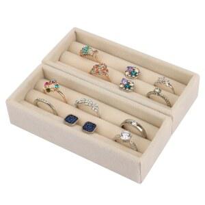 디자인스터 소형 주얼리 트레이, 2PCS 링 오거나이저, 벨벳 주얼리 디스플레이 트레이, 스태커블 주얼리 오거나이저 트레이, 서랍용 주얼리 정리함 인서트, 주얼리 박스(베이지)