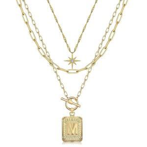 트렌디한 여성을 위한 MJartoria 레이어드 이니셜 목걸이, 14K 골드 도금 황동 심플 스타 초커 스퀘어 레터 펜던트 목걸이, 페이퍼클립 체인 목걸이 주얼리 선물
