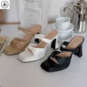 [애슬릿] 가보시 뮬 힐 가죽 스트랩 발편한 통굽 슬리퍼 10cm