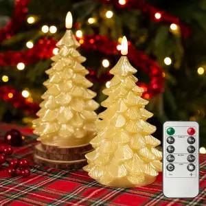 리모트 타이머가 장착된 LUSARBOR 불꽃 없는 양초 2팩 크리스마스 트리 배터리 작동 LED 리얼 왁스
