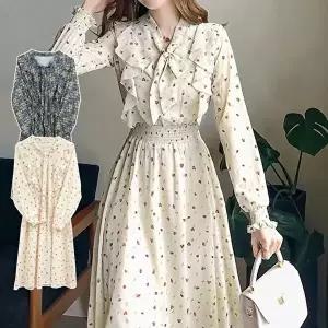 봄원피스 꽃무늬 여성 쉬폰 프릴 플라워 롱 드레스 (HSJ-WEE8EC1)