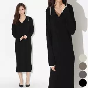 여성 카라 배색 니트 루즈핏 롱원피스 블랙 투톤 (HSJ-WD291AF)