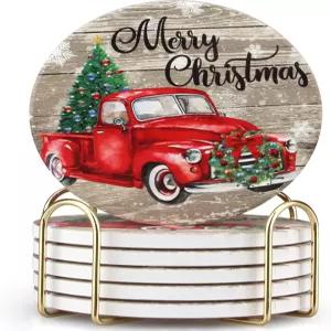 홀더 베스트 흡수 세라믹 코스터 세트 원형 빈티지 음료 크리스마스 6종 레드 트럭 축제 장식 거실용