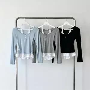 여성 드레스 홀터네크 레이스 프릴 단추 골지 롱슬리브 티셔츠