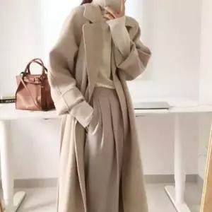 핸드메이드코트 모직 코트 롱 여성 보온성 허리끈 클래식 외출 일상