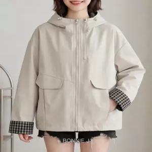 [보니제이]데일리 체크 배색 후드 점퍼 루즈핏 코튼 자켓 2color