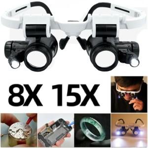 새로운 2XLED 시계 보석상 수리용 확대경 헤드 마운트형 헤드밴드 조절 가능 안경 루페 렌즈 8X 15X