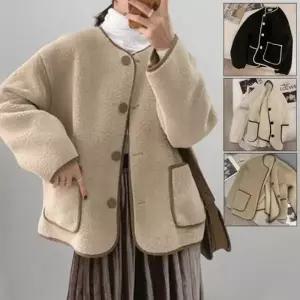 파이핑 배색 여성 뽀글이 노카라 가디건 LED-1155