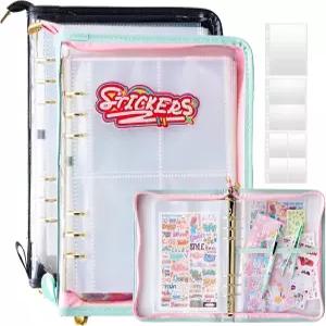 2pcs 스티커 컬렉션 정리함 바인더 대용량 65매 지퍼 잠금 기능이 있는 PU 가죽 투명 보관함 앨범 저널