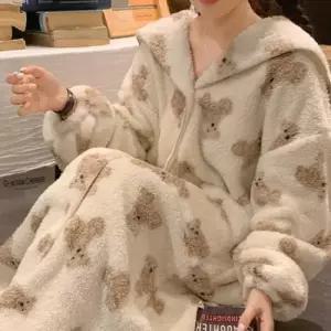 홈웨어바지수면잠옷 여자 홈웨어 극세사 롱 로브 가운 부들이 잠옷