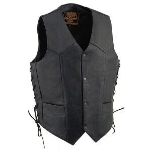 가죽 SH1315 남성용 블랙 클래식 V넥 사이드 레이스 오토바이 라이더 조끼 / 프론트 스냅 클로저